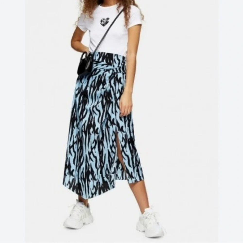 Topshop blue and black zebra print midi‎ wrap skirt size 12